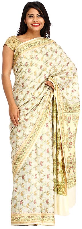 Cream Butter-Crepe Sari from Banaras with Woven Paisleys All-Over