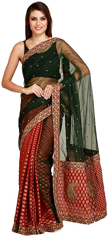 Maroon and Green Half N Half Wedding Sari with Woven Bootis and Bead-work