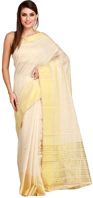 Pearled-Ivory Plain Sari from Bengal with Zari Woven Stripes on Border and Aanchal