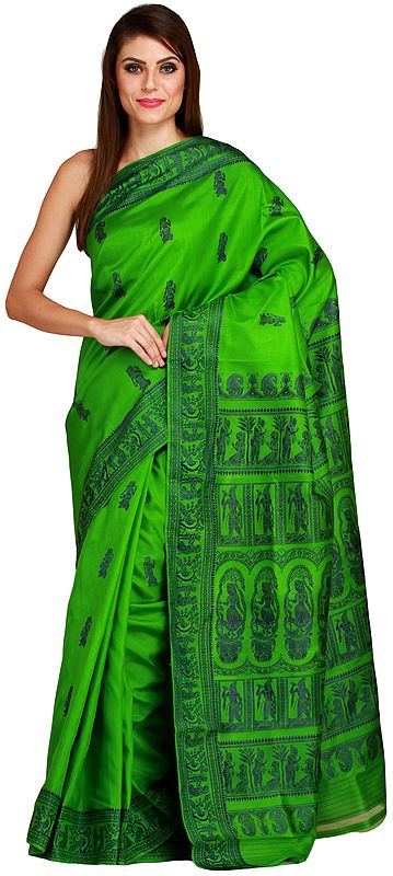 Vibrant-Green Baluchari Sari from Kolkata Depicting Hindu Mythological Episodes