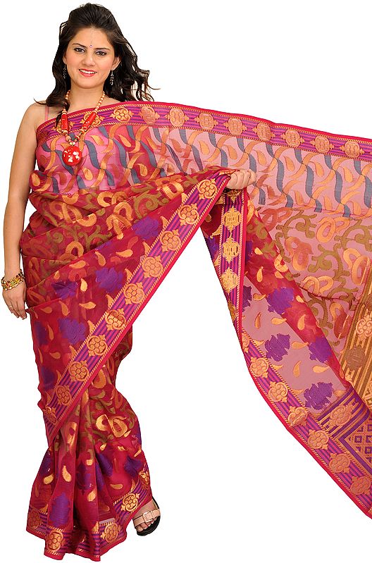 Sangria-Red Sari from Banaras with Woven Motifs in Zari Thread
