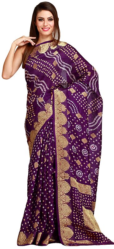 Imperial-Purple Bandhani Tie-Dye Sari from Jodhpur with Woven Bootis in Zari Thread