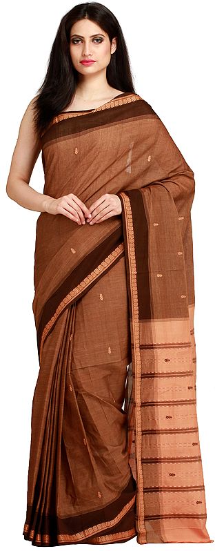 Thrush-Brown Venkateshwara Sari from Bangalore with Woven Paisleys on Border and Striped Pallu