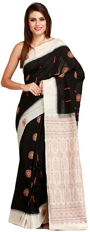 Black and Ivory Bomkai Sari from Orissa with Woven Chakras All-Over