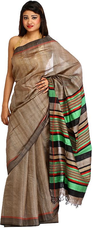 Taupe-Gray Plain Sari from Jharkhand with Woven Stripes on Pallu
