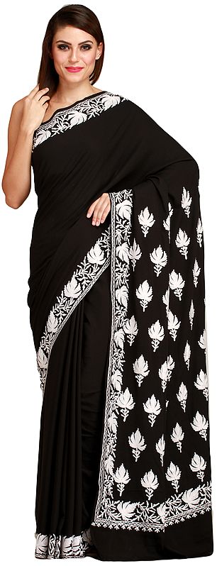 Black and White Plain Sari from Kashmir with Aari-Embroidred Maple Leaves