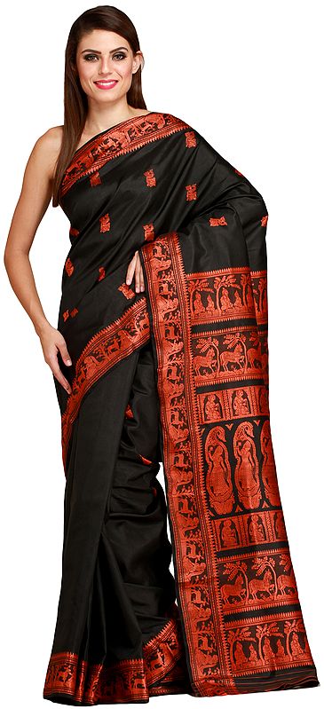 Black and Orange Baluchari Sari from Kolkata Depicting Hindu Mythological Episodes