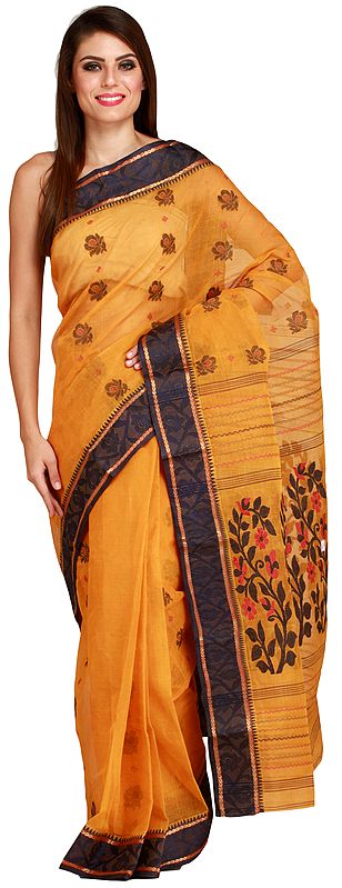 Sunflower Purbasthali Tant Sari from Bengal with Woven Flowers