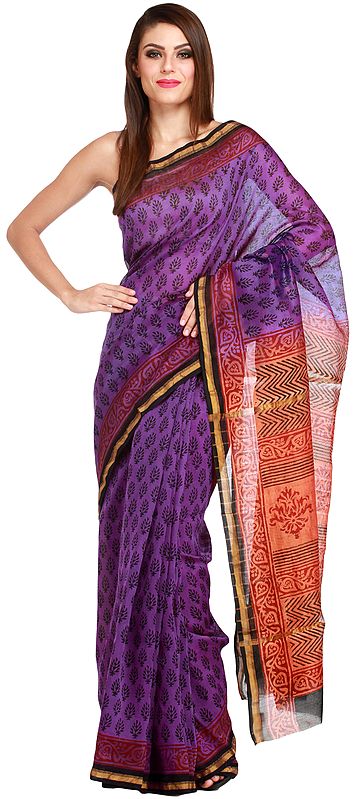 Purple and Orange Chanderi Sari with Kalamkari Print