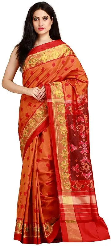 Brown and Red Handloom Patola Sari from Patan with Ikat Weave