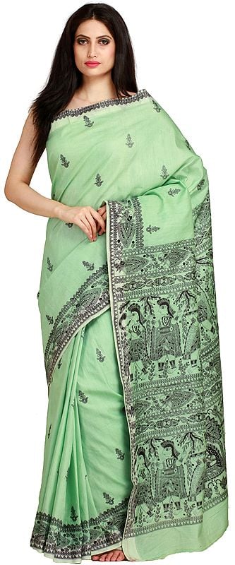 Pastel-Green Sari from Bengal with Printed Madhubani Folk Motifs