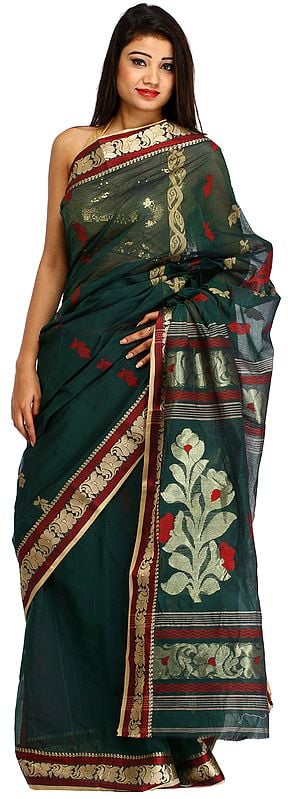 Bistro-Green Purbasthali Tangail Sari from Bengal with Woven Flowers