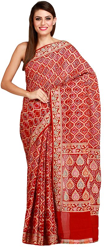 Rosewood Bandhani Tie-Dye Sari from Jodhpur with All-Over Weave
