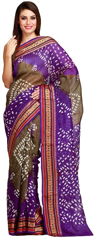 Purple and Olive Double-Shaded Bandhani Tie-Dye Sari from Jodhpur with Woven Border