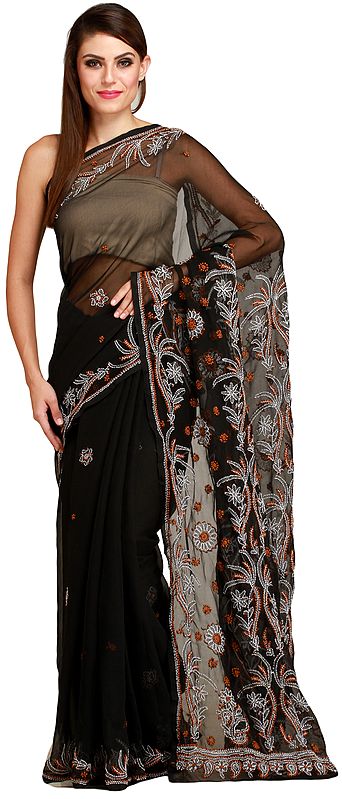 Jet-Black Lukhnavi Chikan Sari with Floral-Embroidery by Hand
