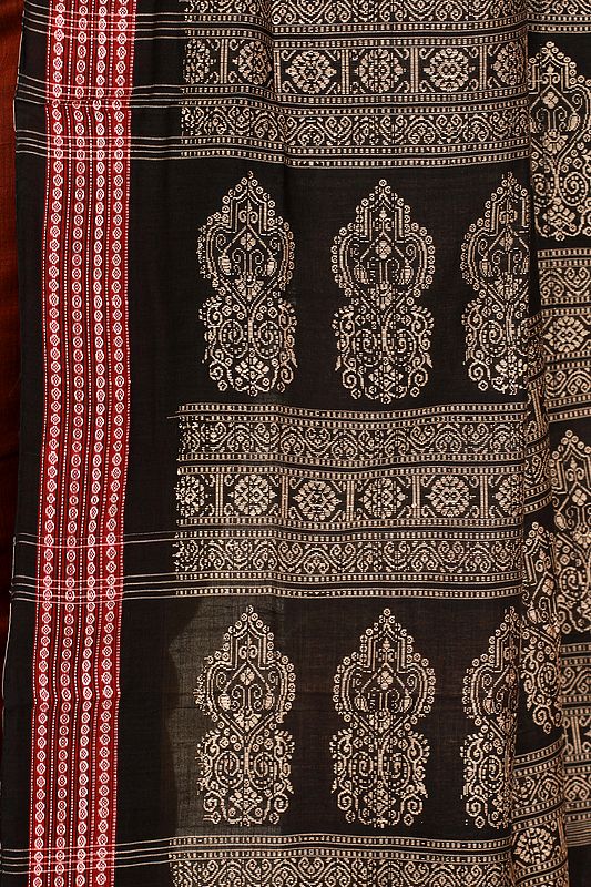 Brown and Black Bomkai Sari from Orissa with Woven Motifs on Pallu and ...