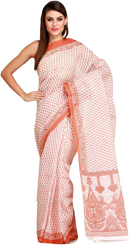 White and Brown Sari with All-Over Printed Bootis and Paisleys on Pallu