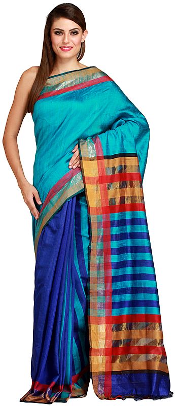 Caribbean-Sea and Blue Kosa Sari from Bengal with Woven Stripes on Pallu