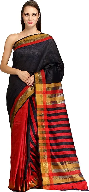 Black and Red Half and Half Kosa Sari from Bengal with Woven Stripes