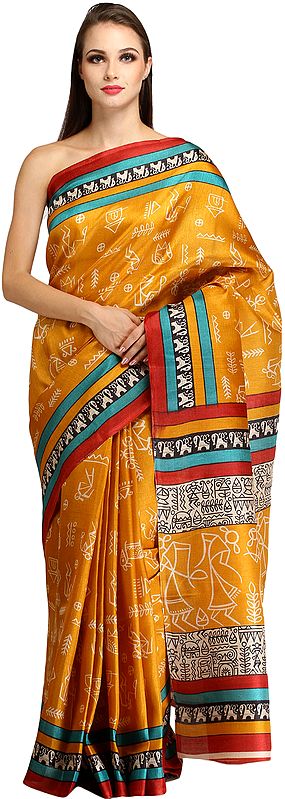 Sunflower Sari from Bengal with Printed Warli Folk Motifs and Striped Border