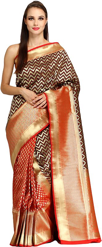 Wedding Half and Half Banarasi Sari with Zigzag Weave in Zari-Thread and Brocaded Pallu