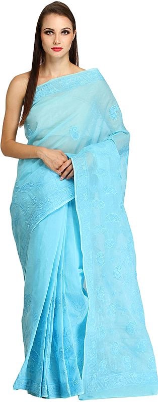 Plum-Blue Lukhnavi Chikan Sari with Hand-Embroidered Paisleys