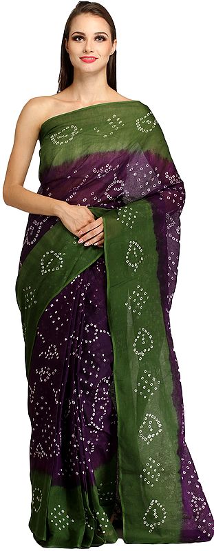 Dark-Purple and Green Bandhani Tie-Dye Sari from Jodhpur
