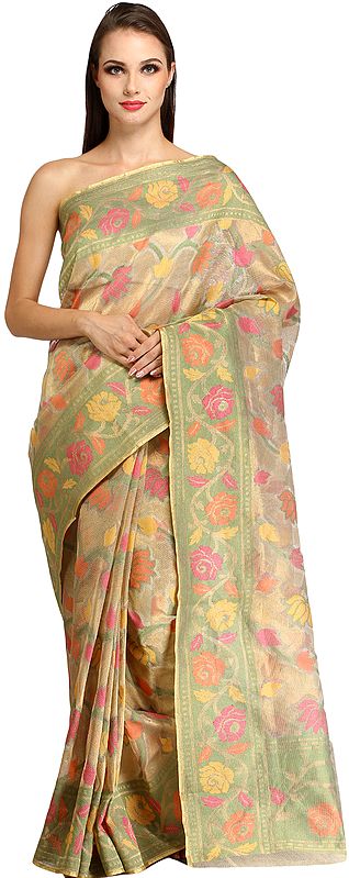 Wedding Tissue Sari from Banaras with All-Over Woven Flowers