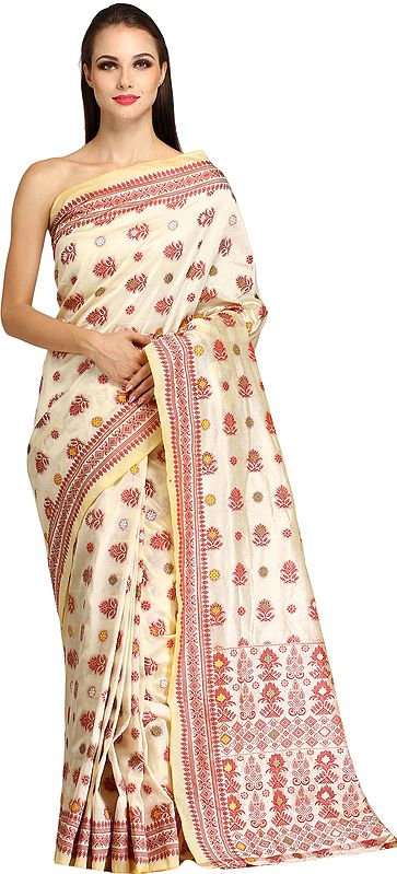 Ivory Sari from Assam with Woven Flowers All-Over
