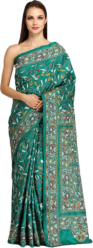Parasailing-Green Kantha Sari from Kolkata with Dense-Embroidery by Hand