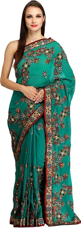 Parasailing-Green Designer Wedding Sari with All-Over Floral Embroidery and Bead-work