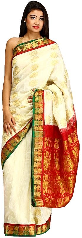 Ivory and Maroon Self-Weave Sari from Bangalore with Zari-Woven Flowers and Brocaded Pallu