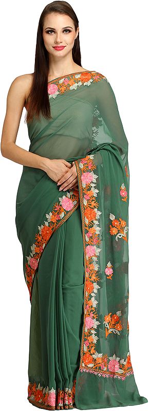 Frosty-Spruce Kashmiri Sari with Aari Embroidered Flowers on Border and Pallu