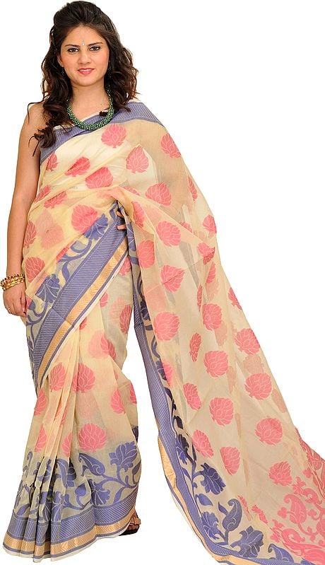 Cream Banarasi Sari with Woven Large Bootis and Paisleys on Pallu