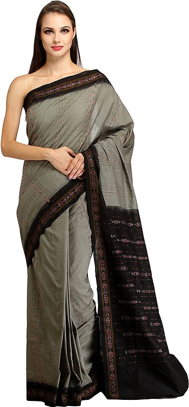 Gray and Black Handloom Sambhalpuri Sari with Ikat Weave