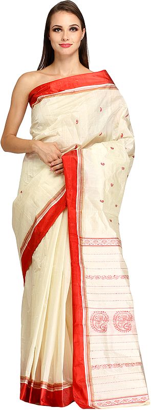 Ivory Garad Sari from Gandhi Ashram with Woven Bootis and Solid Border