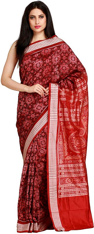 Chocolate and Red Sambhalpuri Handloom Sari from Orissa with Ikat Weave