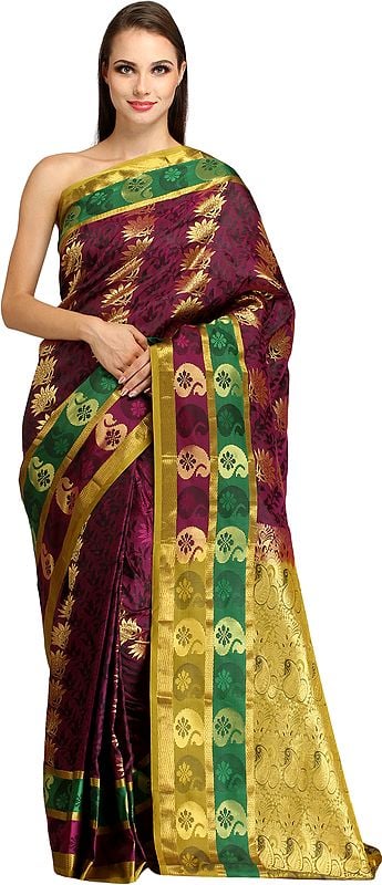 Dark-Purple and Golden Self Weave Saree from Bangalore with Zari-Woven Flowers and Brocaded Pallu