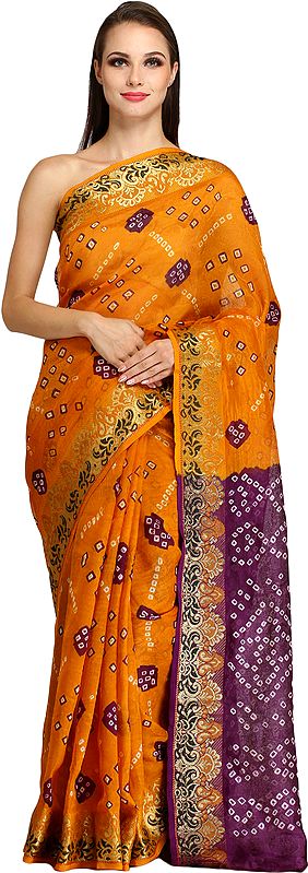 Nugget-Orange Self Weave Bandhani Tie-Dye Sari from Jodhpur with Zari-Woven Border