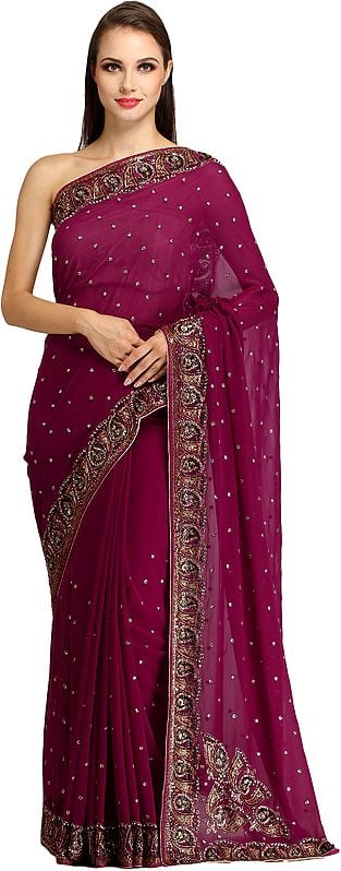 Purple-Potion Designer Wedding Sari with Embroidered-Beads