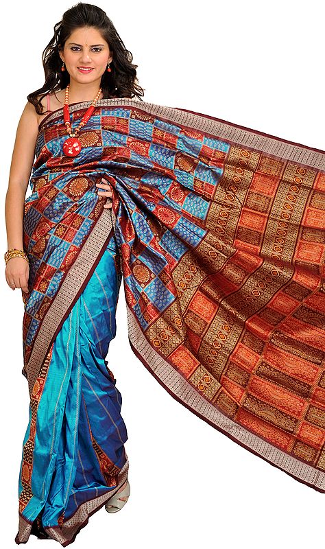 Methyl-Blue Bomkai Handloom Saree from Odisha with Woven Motifs