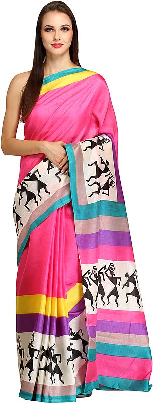 Azalea-Pink Bhagalpuri Sari with Printed Warli Folk Motifs