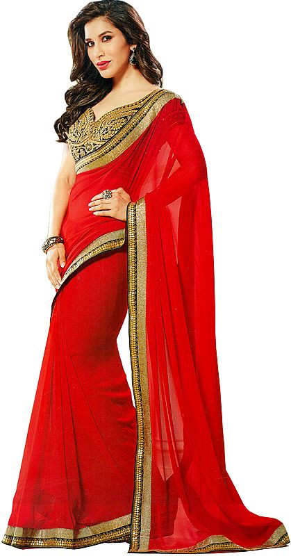 Tomato-Red Wedding Sari with Golden Patch Border and Sequins