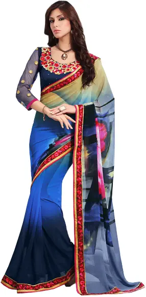 Multicolored Floral Printed Saree with Embroidered Patch Border