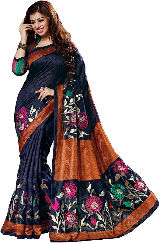 Eclipse-Blue Cochin-Silk Sari with Zigzag Weave and Flowers on Border