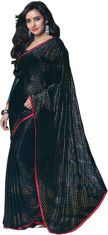 Jet-Black Self Weave Sari with Golden Print and Narrow Patch Border