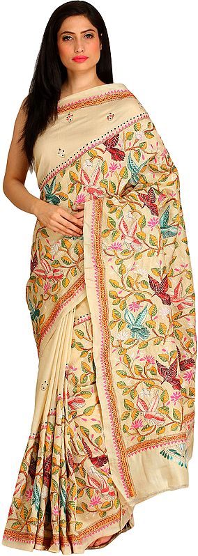 Almond-Oil Sari from Kolkata with Kantha Hand-Embroidered Birds