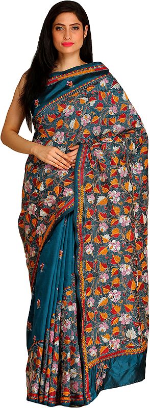 Celestial-Blue Kantha Sari from Kolkata with Embroidered Leaves by Hand