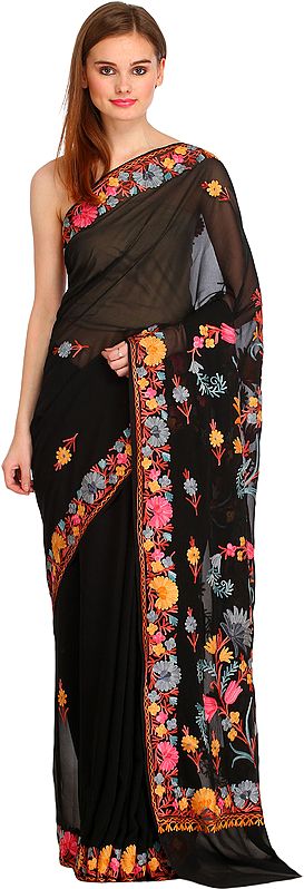 Jet-Black Kashmiri Sari with Aari-Embroidered Flowers