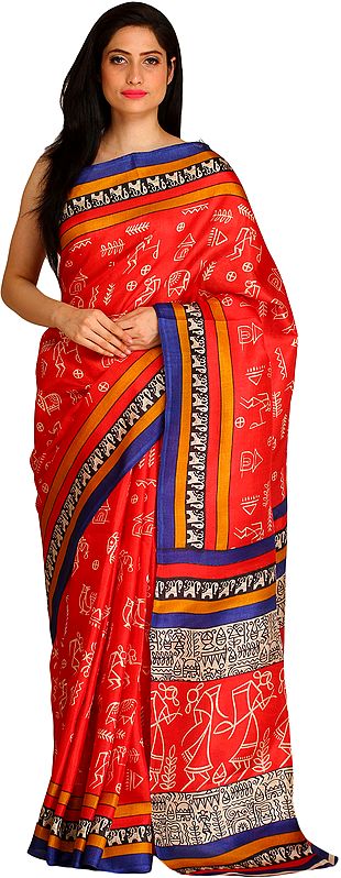Rococco-Red Sari from Bengal with Printed Warli Folk Motifs and Striped Border